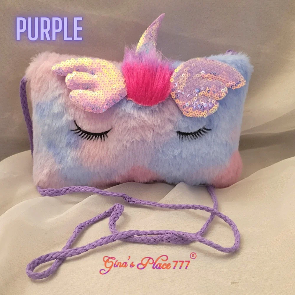 Girls Vibrant Unicorn Sequin Plush Soft Crossbody Bag/Purse White